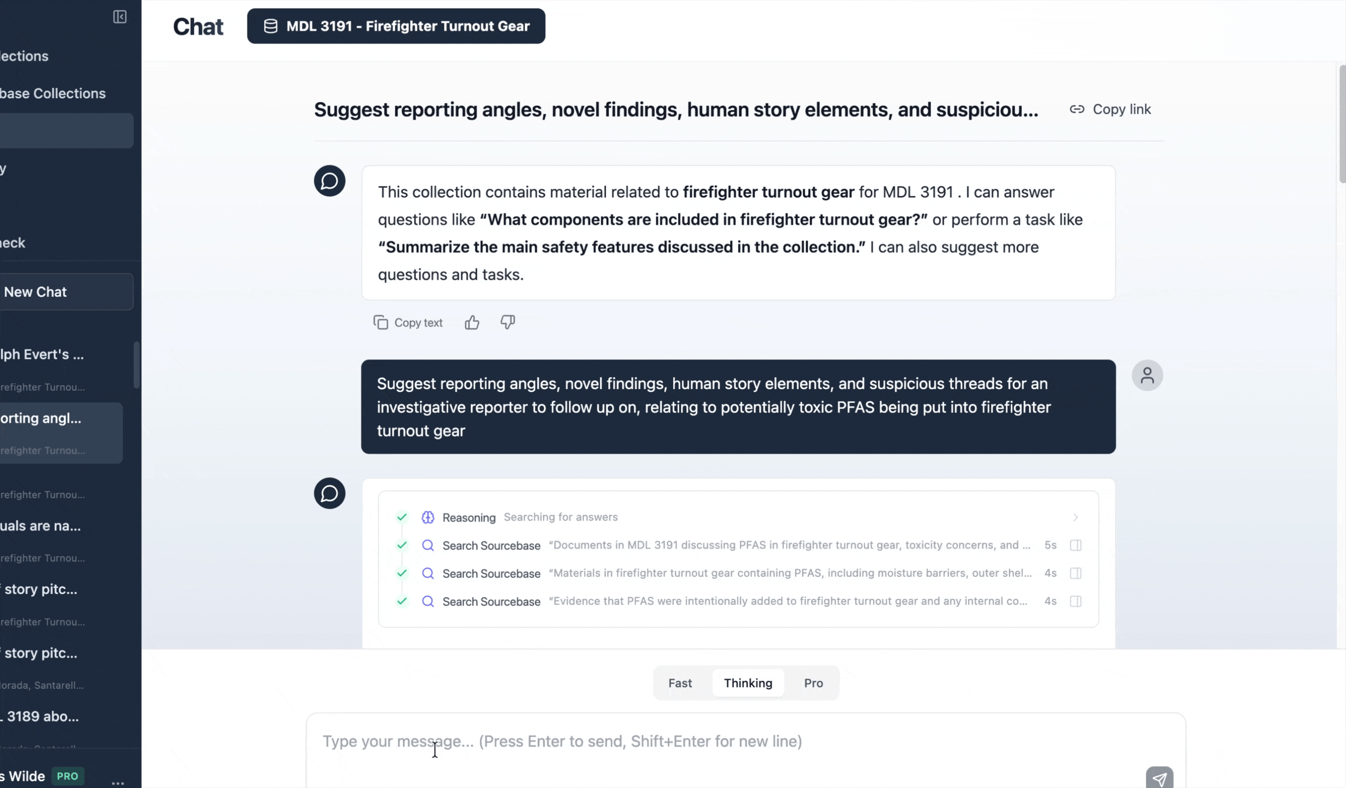 Sourcebase scanning a court-document collection for reporting angles, with every search step shown
